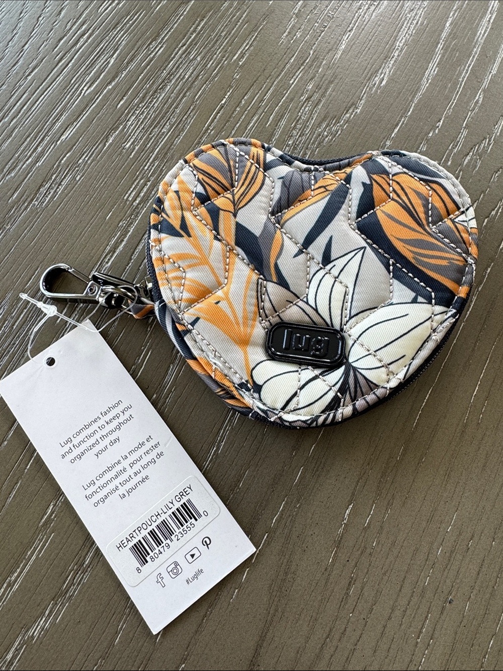 lug Heart Pouch Lily Grey Floral Key Holder - Grey, Orange, White NWT